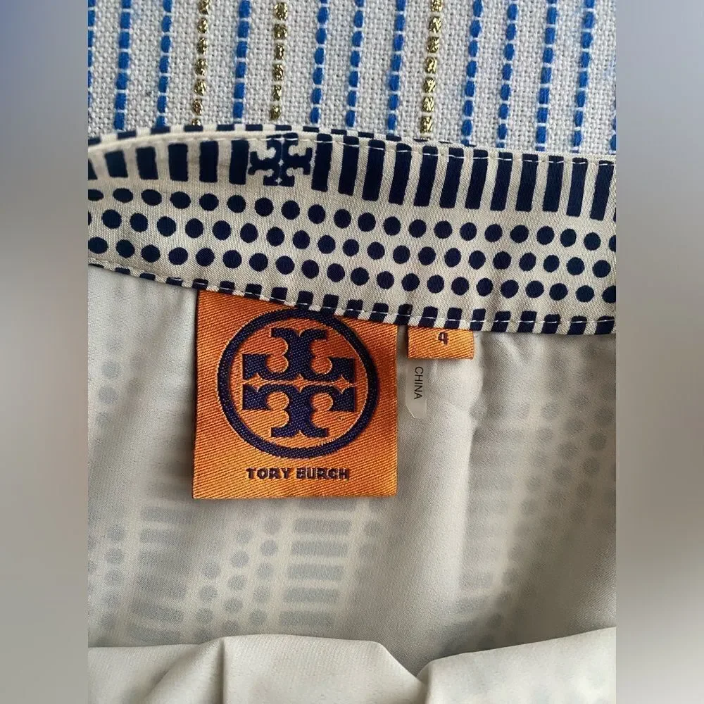 Tory Burch 100% Silk Set Wrap Skirt Sz 4 Top Sleeveless Sz 6 Beige/Navy Blue